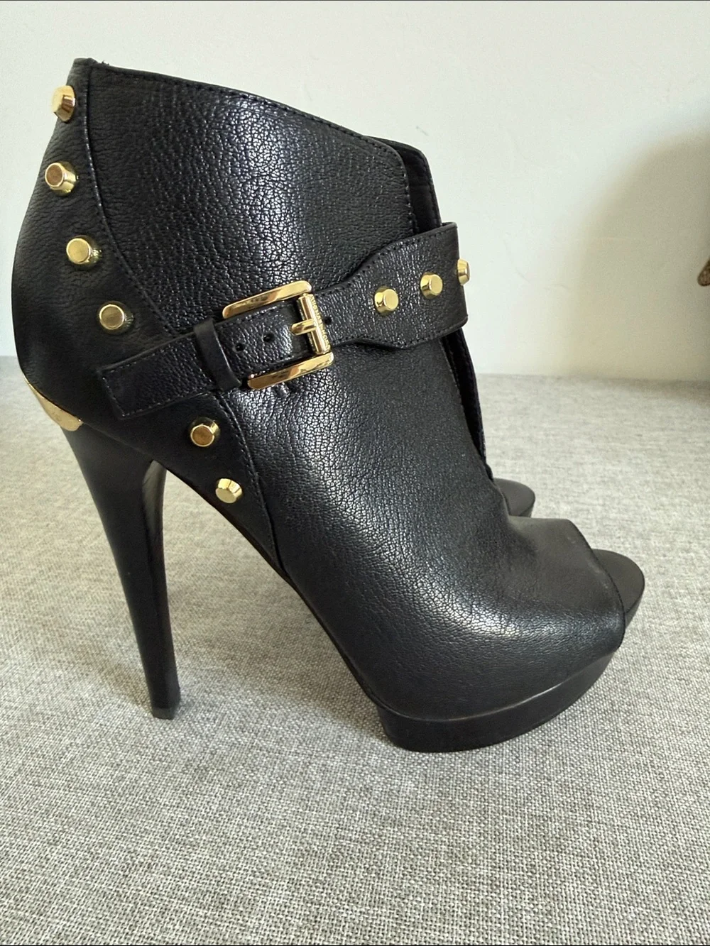 Michael Kors leather Black Peep-Toe Platform Booties with Gold Studs